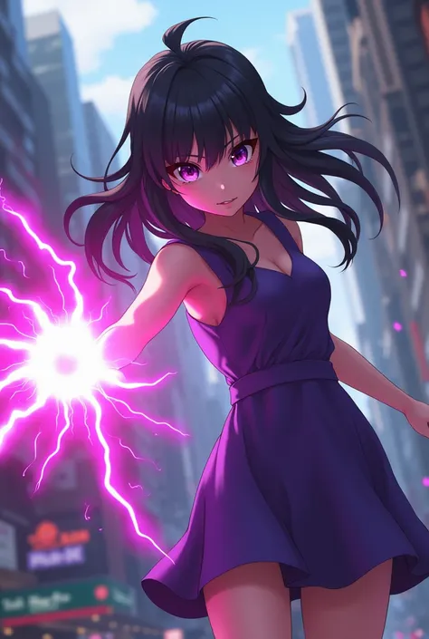 A villainous anime girl using superpowers wearing a purple dress, aura, beam, in a bustling city
