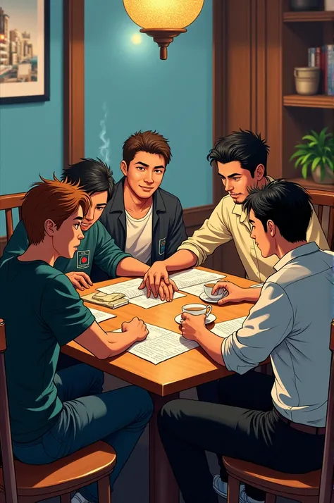 5 men sit in cafe as manga get all at one table 