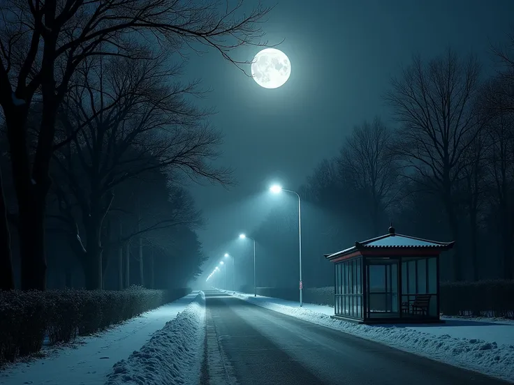 A chilling winter night near Yuanmingyuan (Old Summer Palace) in Beijing, where the eerie quietness envelopes the surroundings. The full moon glows with a cold, silver light, casting ghostly shadows over the dense, dark forest and the deserted bus stop at ...