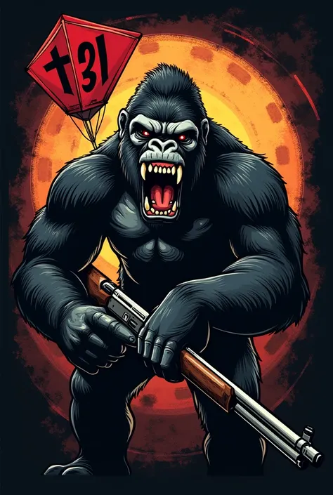  EMBLEM with an angry black gorilla holding a rifle using a bulletproof kite with the inscription T31