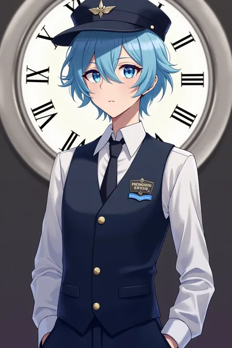  light blue puffy hair,Blue eyes, sharp eyes ,male,Waiter Outfit ,black shoes , classic hat ,Time-related 