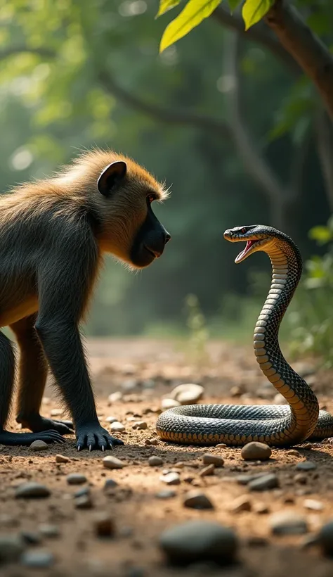 "A realistic scene showing a full-grown baboon and a cobra facing each other in a side-profile face-off. The baboon, standing on all fours with an intense and aggressive posture, is on one side, while the cobra, with its hood flared and body coiled, is on ...