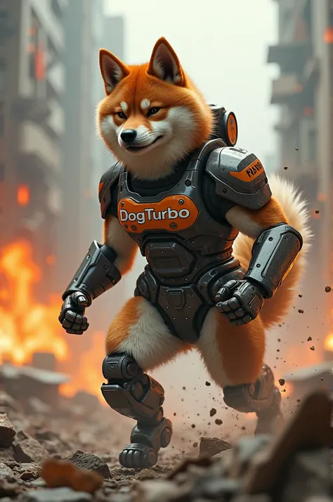  DogTurbo Shiba rising from the explosion of debris and fire amidst destruction like a daring warrior and determination to carry on, On his robotic uniform is written DOGTURBO  