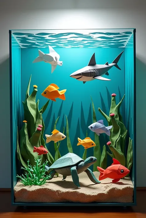 Rectangular fishtank with origami fish, origami shark, origami turtle, origami rocks, origami plants