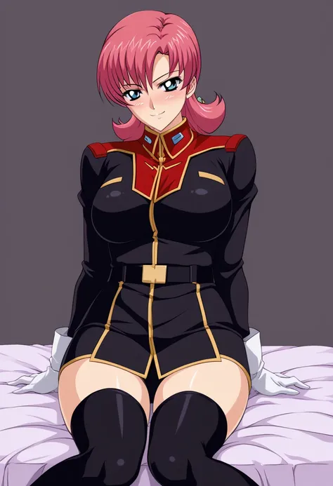 score_9、 score_8_up、 score_7_up、{{{{  Titan Costume }}}}、 1 girl、、Gundam SEED DESTINY_ Mia Campbell、Big Breasts、 pink long hair 、、uniform、  Long Sleeve  、、 black thigh high socks、Knee Boots、 bed in blackroom、  closet in the castle room 、  bed in black、 bed...