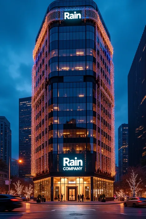 create a front view image of a large corporate agency building decorated with Christmas lights with a sign on the front that says Rain Company