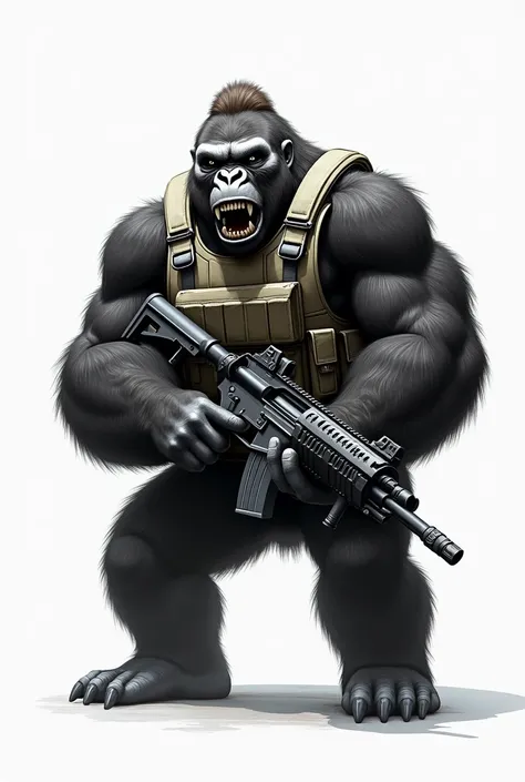 Gorilla armed and wearing a vest with white background