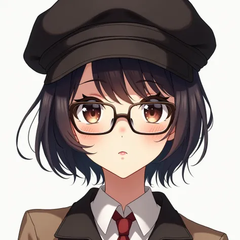 Anime girl, wear glasses and beret hat,black short hair,