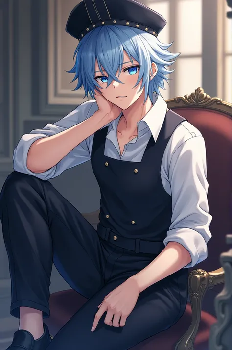  light blue puffy hair,Blue eyes, sharp eyes ,male,Waiter Outfit ,black shoes , classic hat ,Time-related , slightly raised collar,male같음