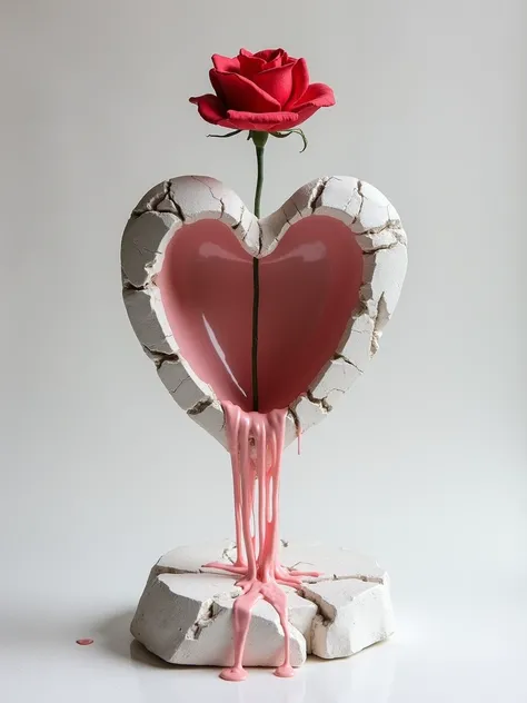 Plaster art, the work of an outstanding master sculptor, An incredible surreal sculpture made of gypsum on a white base from an uneven fragment of a flat stone stands a light red porcelain heart, the plaster heart is damaged with cracks and chips, pieces o...