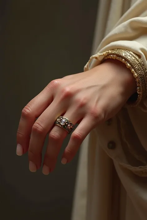 Create an image of a finger with wedding ring on a female hand of a Roman woman in ancient times