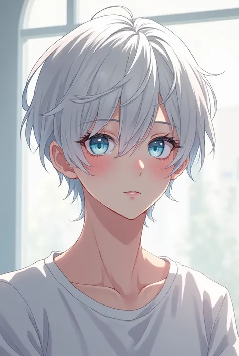 Anime type handsome man with fair skin, freckles, blushing cheeks, short white hair, albino, blue eyes, thin, small waist, somewhat feminine, long white eyelashes
