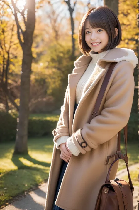 (8k, RAW photo, photorealistic, HQ, masterpiece), a cute Japanese girl,(glowing eyes), 
(laugh ), brown hair, fluffy Pixie Bob hair, large breasts, curvy, (Duffle coat, long skirt), 
standing pose, Seductive pose, (winter nature park), 
blurred background,...