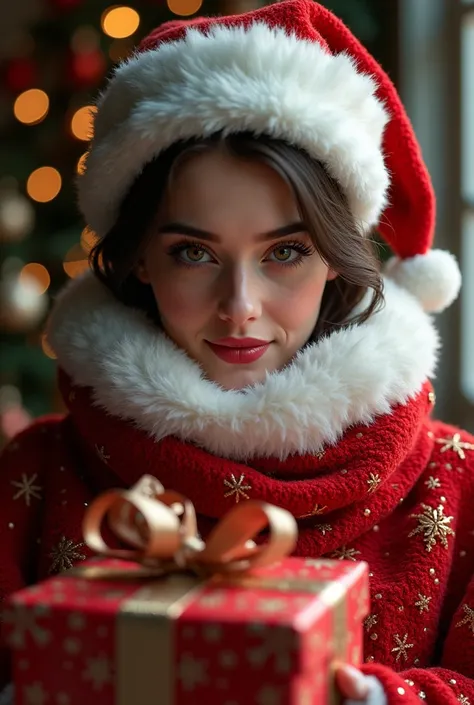 a woman dressed as santa claus,wrapped as a gift,beautiful detailed eyes,beautiful detailed lips,extremely detailed eyes and face,longeyelashes,elegant,intricate details,rich colors,cinematic lighting,fantasy,digital art,award winning art,vibrant,photoreal...