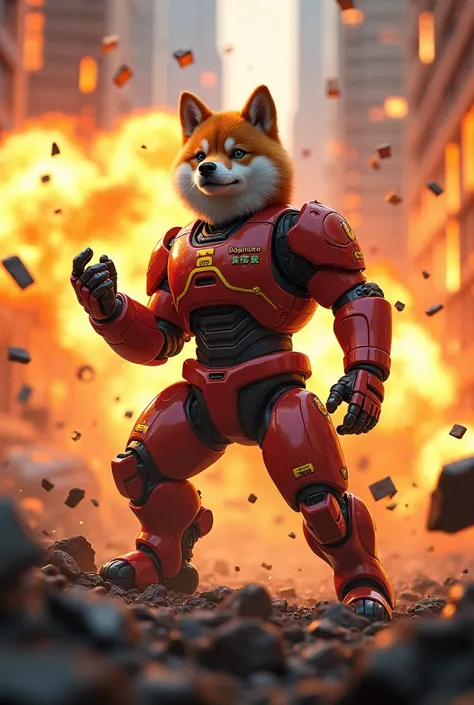  DogTurbo Shiba rising from the explosion of debris and fire amidst destruction like a daring warrior and determination to carry on, On his robotic uniform is written DOGTURBO  . In the midst of fire and explosion 