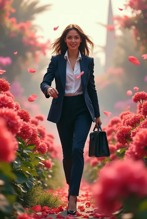 A businesswoman in a place full of flowers and ren

