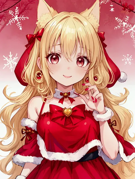   One Girl ,Droopy eyes,  top quality,  jewelry,   perfect face,   perfect eyes,  pink lips,  small breasts,  Medium cut hair , curly hair , Blonde,red eyes,Dog Ears,smile, Ashikari、 Santa costume with Santa H、