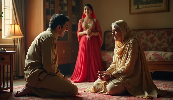 "A heartfelt family moment in a traditional Pakistani home. Abdullah is seen kneeling in front of his elderly mother, pleading for forgiveness. The mother, dressed in a simple shalwar kameez and dupatta, looks stern but emotional. In the background, Fatima...