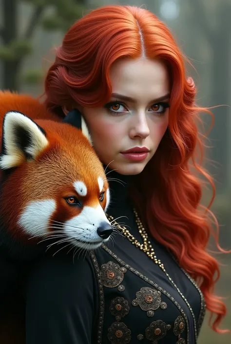 29-year-old woman with red hair badasses red eyes with majestic red panda