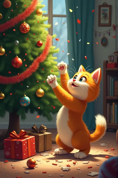   Create an image of a cat destroying a Christmas tree