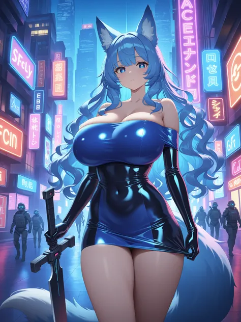 Alone,   big boobs, Fox ears, fox tail,  Long wavy hair ,  off-shoulder dress ,  bulletproof dress , short dress,  side slits,  spicy theme ,  sci-fi theme , Holding the handle, he is holding a huge sword so that the tip of the knife touches the floor,  ci...