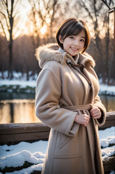 (8k, RAW photo, photorealistic, HQ, masterpiece), a cute Japanese girl,(glowing eyes), 
(laugh ), brown hair, fluffy Pixie Bob hair, large breasts, curvy, (Duffle coat, long skirt), 
standing pose, Seductive pose, (winter nature park), 
blurred background,...