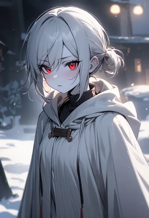 Woman, short white hair, tomboy hairstyle, pale skin, red eyes, cold glare, small breasts, white cloak with hood, tomboyish, masterpiece, aesthetic, artistic.