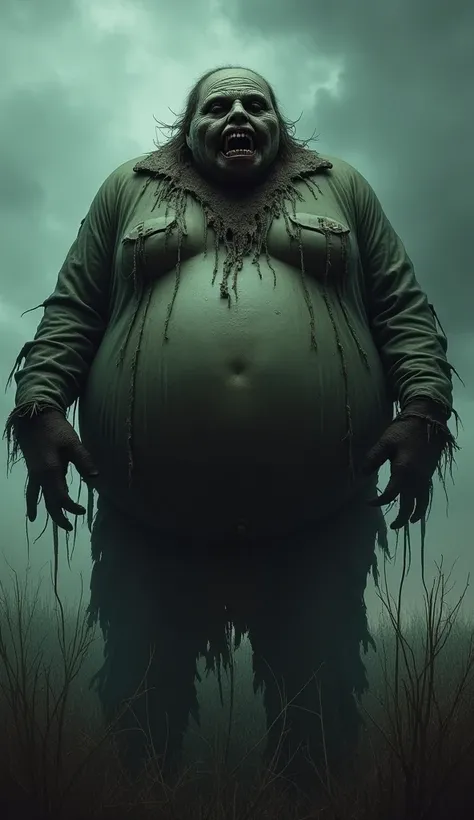 Spooky portrait of very scary and menacing looking very fat Scare crow in a very dark field, very dark and weird atmosphere, gloomy weather, looking at viewer 
