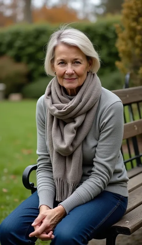 A 35-year-old woman sitting on a garden bench, wearing a turtleneck and scarf.