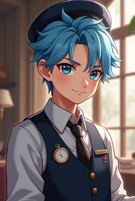  light blue puffy hair,Blue eyes, sharp eyes ,male,Waiter Outfit ,black shoes , classic hat ,Time-related , slightly raised collar,male같음,Smiling,Man, man, man