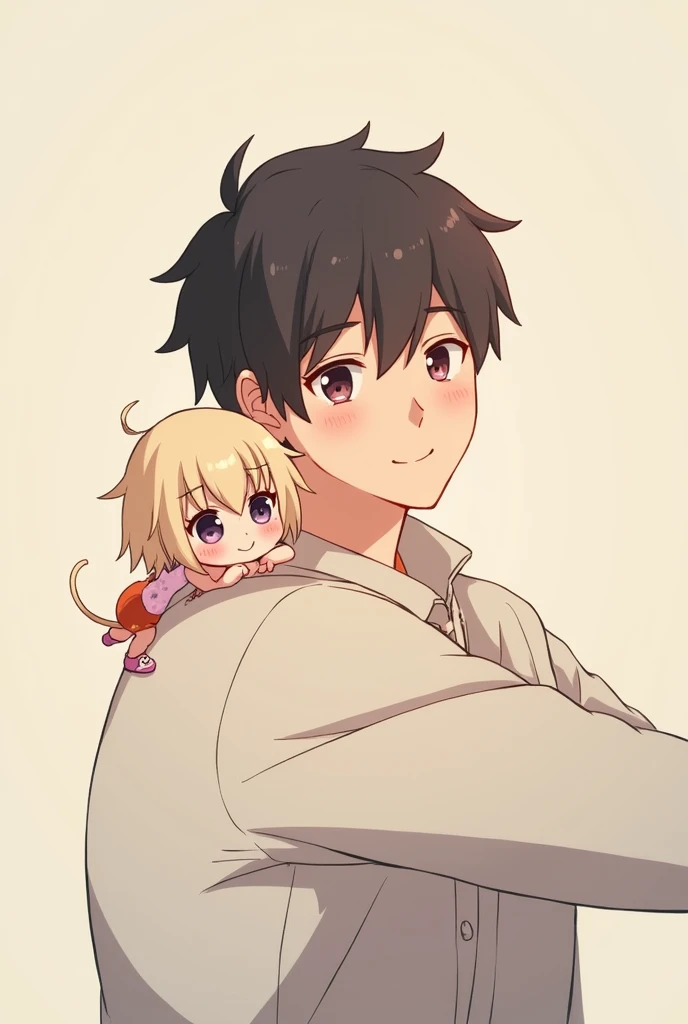 A finger sized tiny person is sitting on very big persons shoulder and hugging the big persons neck. Anime