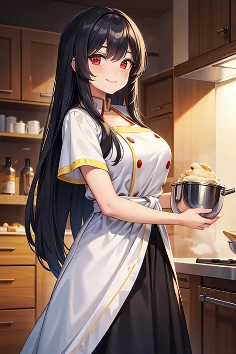  1 Beautiful Girl　Shows up to the waist　 black long hair　Red eyes　 bewitching smile　white and yellow cook clothes