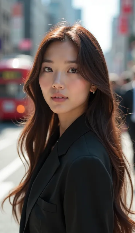 A stunningly beautiful Japanese woman, light brown long hair, upper body shot, wearing elegant clothes, soft natural lighting, luxury urban background like Omotesando or Ginza, stylish and high-class cityscape, sharp details, photorealistic, cinematic styl...