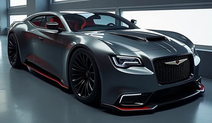 A stunning and sleek low suspension close futuristic design of thumbnail full  interior view of the 2025 Chrysler 300 SRT grey  color showcased

