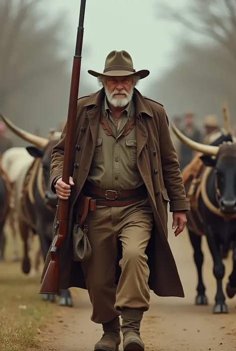 An elderly man is walking with a rifle slung over his shoulder. Behind him, there are two ox carts following him. The elderly man is walking in front, and his expression looks very powerful and authoritative."

