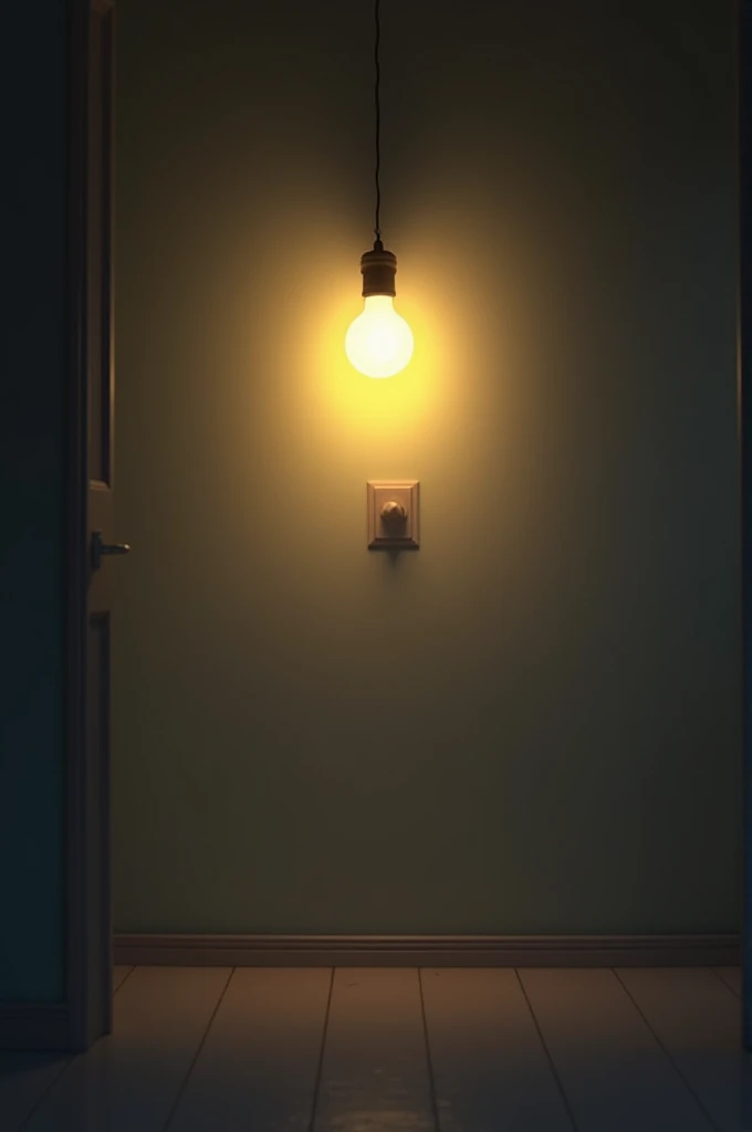 An empty room with a glowing light bulb on the ceiling and a light switch on the wall