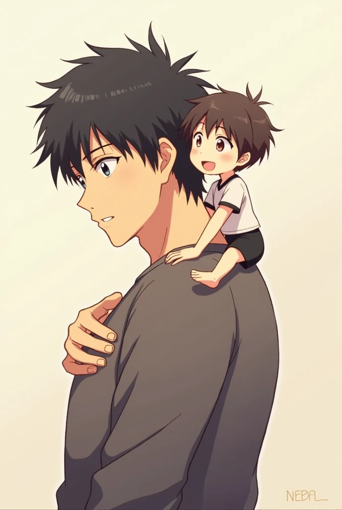 A finger sized tiny person is sitting on very big persons shoulder and hugging the big person. Anime