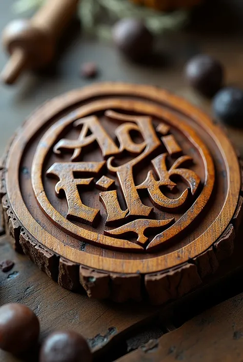  Wooden illustration of a symbolic emblem with the name "Adi Filth " and stylized,  showing seriousness and elegance .  The emblem is carved on a wooden plate .