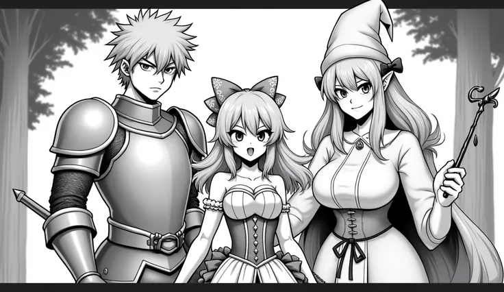 Style and Type: Black and white manga-style illustration. featuring three characters. On the left, a male character with short, spiky hair, angry expression and a confident smile wears a medieval-style armor with a large shoulder pad and holding a sword. a...