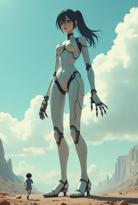 Generate anime-style anime-style to a gigantic realistic android girl showing her dirty feet, Oloroso a tiny person running from Android
