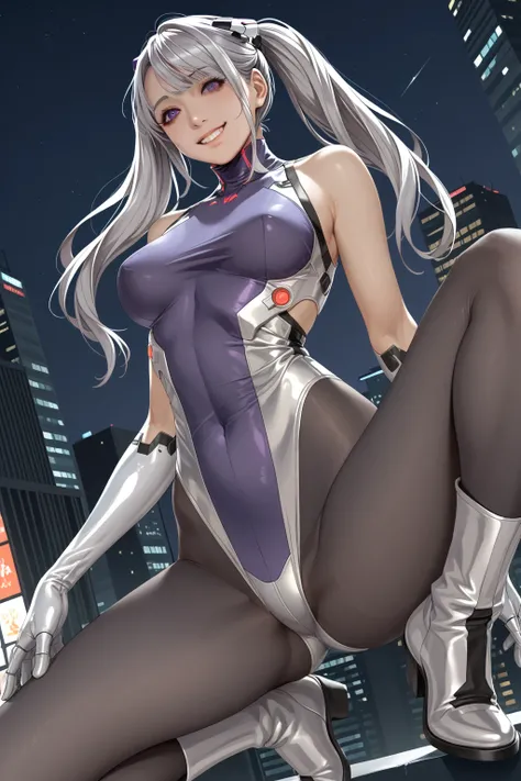  highest image quality taken by Ki、 masterpiece、  super high definition 、（Shooting Resolution ：1.4）、  super high definition シネマ、  angle viewed from below、  Cyberpunk Night City 、  girl、  Silver Hair Twin Tails、SILVER SHORTS 、whole body、smile、Character 1 pe...