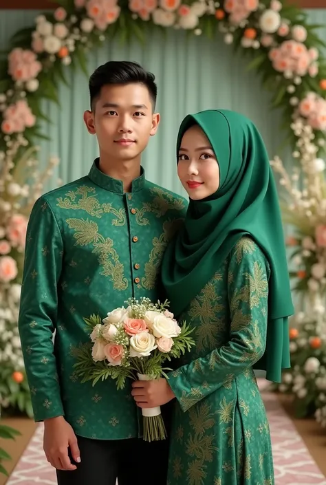 The wife wears the same clothes, namely green batik. 3 The husband has a handsome face, neat thin hair, the 25 year old wife wears a hijab to match her clothes. Background of the wedding aisle, realistic, detailed, 4k