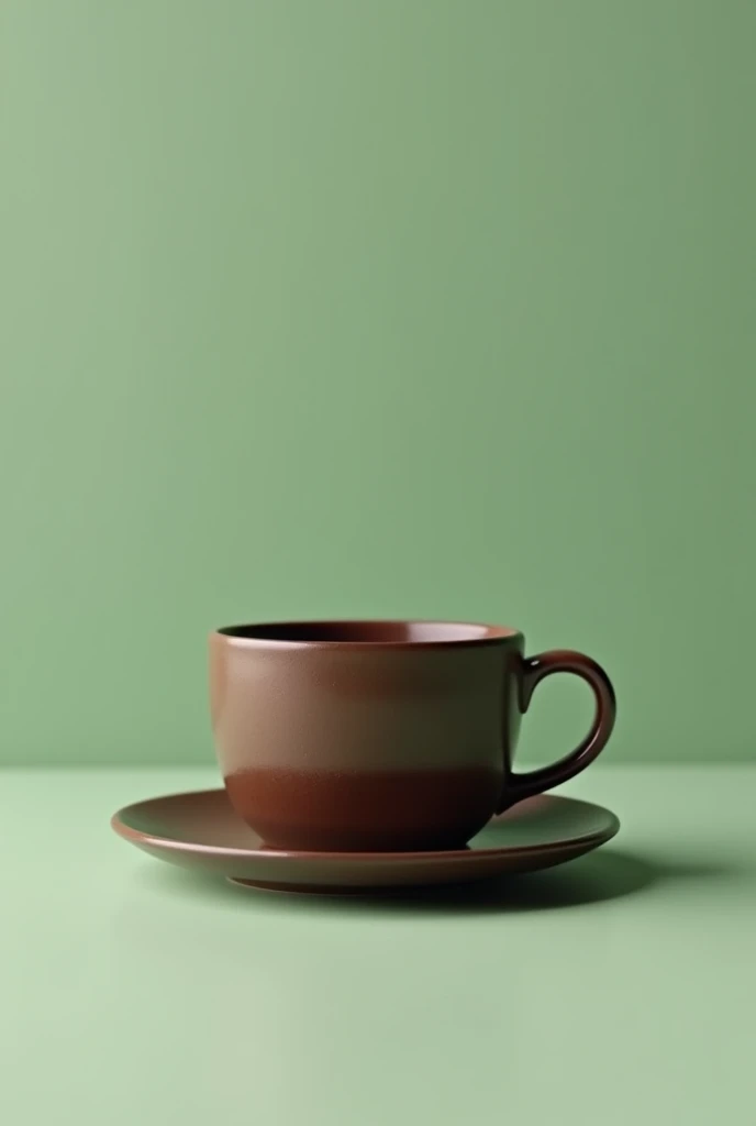  create a dark brown coffee cup with saucer underneath and with shade, side view and light green background 