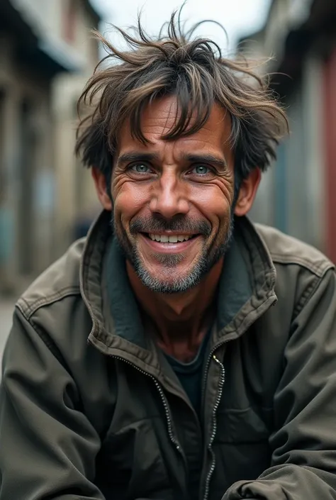 POOR,  Thirty-year-old male character ,  with poor hair , collarless ,  with light blue eyes , Always smiling face , a homeless male characters outfit torn remote photo