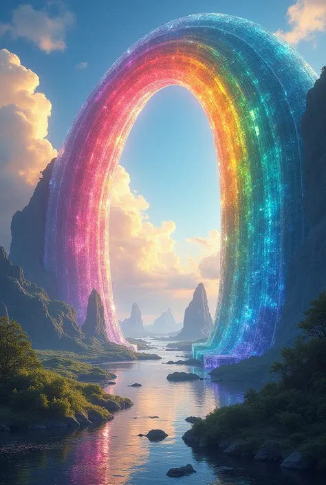 beautiful crystal-clear rainbow color transparent wide arch connecting earth(Midgard,the world of human) and floating sky-land