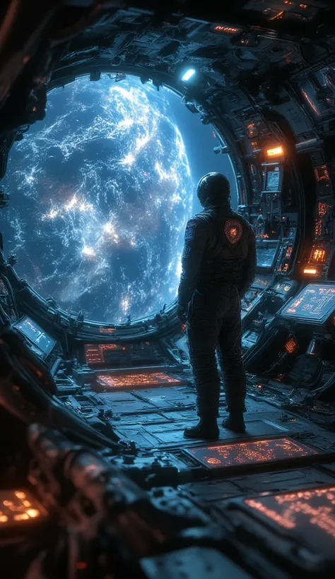 interior of a space station. the space station is dark, with intricate design, devices and wiring on its walls. it has a window that shows the full earth. an astronaut looks at the window, his back is facing the viewer. an alien monster is lucking nearby i...