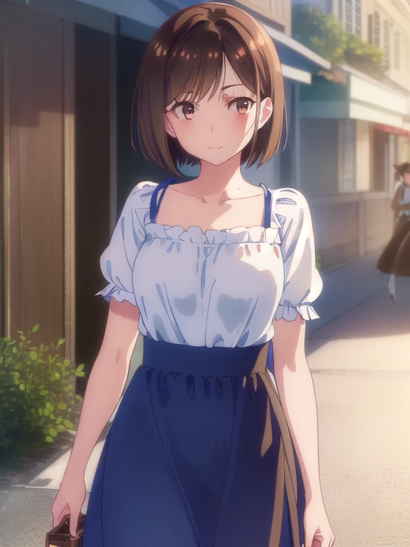 Light blue summer dress, navy blue ribbon on chest,((Long Bob:1.5, Shaggy,bangs,  brown hair )),mizuharachizuru, Chizuru Ichinose, solo woman, ( brown eyes:1.5),smile,Around town,looking at viewer,( Cowboy Shot :1.5),(masterpiece:1.2),  top quality,  high ...