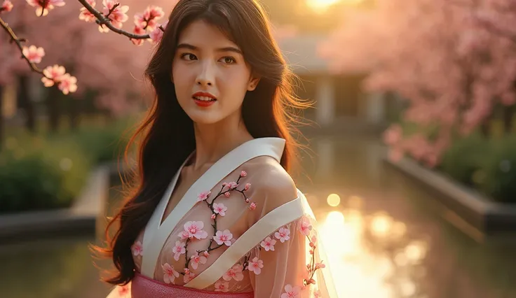 a beautiful asian girl with long silky hair, detailed facial features, big bright eyes, full lips, flowing hair cascading down, elegant pose, intricate kimono with cherry blossom patterns, serene outdoor garden setting, golden hour lighting, cinematic comp...