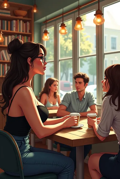 Une libraire avec des seins volumineux  portant des lunettes assise dans une boulangerie avec ses amies regarde un belle homme qui est assis près des fenêtres ils sont dans des tables séparés 