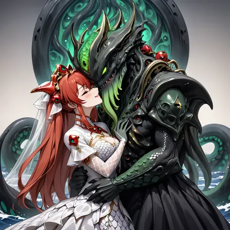 (( top quality)), ((masterpiece)), ( Details), （ perfect face）、The woman of the princess of Dagon is Soryu Asuka Langley wearing a deep-sea evil gods fish scale dress and a veil of tentacles 、Soryu Asuka Langley, the bride of the beautiful evil god, has be...